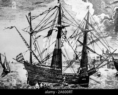 Illustration of the Golden Hind, an English galleon best known for her circumnavigation of the globe between 1577 and 1580, captained by Sir Francis Drake. Dated 16th Century Stock Photo