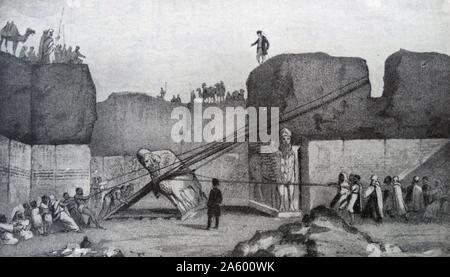 Engraving depicting Sir Austen Henry Layard (1817-1894) an English traveller, archaeologist; cuneiforms, art historian, draughtsman, collector, author, politician and diplomat, lowering one of the Great Winged Bulls found in Nineveh Stock Photo