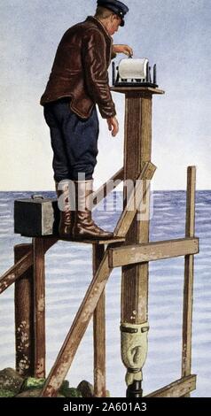 Marine research scientist taking readings. 1925 Illustration in children's book Stock Photo