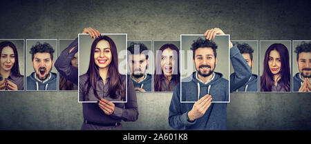 Balanced relationship concept. Masked woman and man expressing different emotions Stock Photo