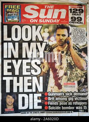 The Sun, front page, following the 13 November 2015, coordinated terrorist attacks in Paris, France. The attackers killed 130 people. Stock Photo