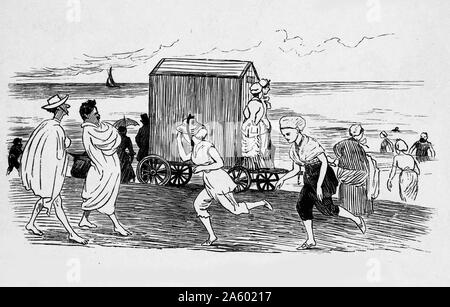 Illustration by Randolph Caldecott 1846-1886 depicting men and women on a beach by the sea with a changing hut on wheels. Dated 1880 Stock Photo