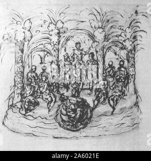 Sketch for 'The temple of Love' a Masque by Sir William Davenant. Drawn by Inigo Jones 1635 to show the maritime chariot containing the Queen and masked revellers. Stock Photo