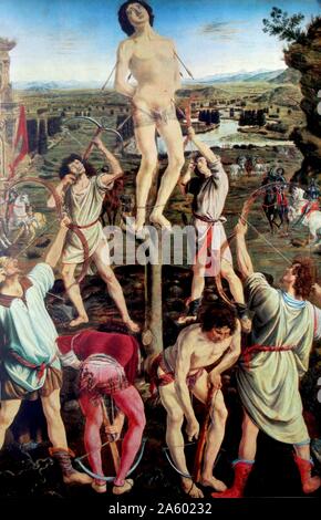 The Martyrdom of Saint Sebastian is a work by Piero del Pollaiuolo, commissioned by the Florentine Pucci family. 1475 Stock Photo