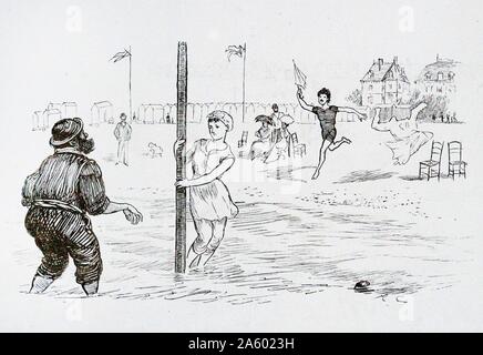 Illustration shows French people enjoying summer on the Trouville-sur-Mer beach. A crowd of individuals are shown playing in the sea, dated 1877 Stock Photo