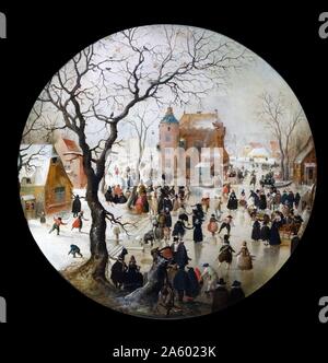 A Winter Scene with Skaters near a Castle' oil on oak painting; 1608 and 1609. by the Dutch artist Hendrick Avercamp 1585-1634 Stock Photo