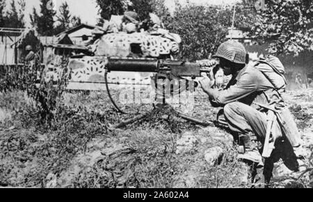 Browning Model A1 Machine Gun belonging to the American Army in the firing position. Stock Photo