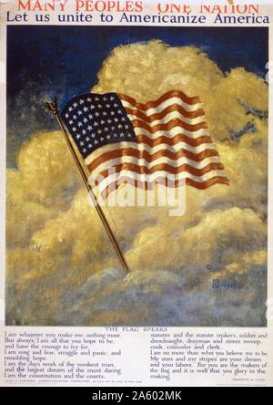 Many peoples - one nation Let us unite to Americanize America. Printed and published by Ray Greenleaf, 1917. World war one American propaganda poster showing the American flag waving among clouds. Stock Photo
