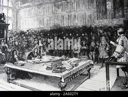 Captain (William) KIDD - (c1645-1701) Scottish privateer and merchant. In 1695 given command of expedition against pirates in the Indian Ocean. Accused of turning pirate himself. Sailed to Boston and surrendered when promised a pardon. However, sent to London, tried and hanged for piracy. Here he is being questioned by the House of Commons. 19th century reconstruction Stock Photo