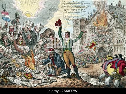 True reform of Parliament, patriots lighting a revolutionary-bonfire in new Palace Yard by James Gillray (1756-1815). Engraving with watercolour, print shows Sir Francis Burdett making a speech and waving a bonnet rouge shaped like a fool's cap as Horne Tooke lights on fire a pile of acts and charters, as well as a Bible, with a flaming baton labelled 'Sedation' while three creatures add to the flames. Stock Photo