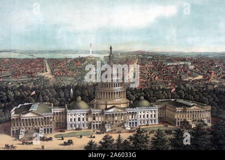 View of Washington City by Lithographer E Sachse & Co. Chromolithograph. Print showing a bird's eye view of Washington D.C. with the U.S. Capitol in the foreground, the U.S. Botanic garden, Smithsonian Institute and the Washington Monument in the background. Stock Photo