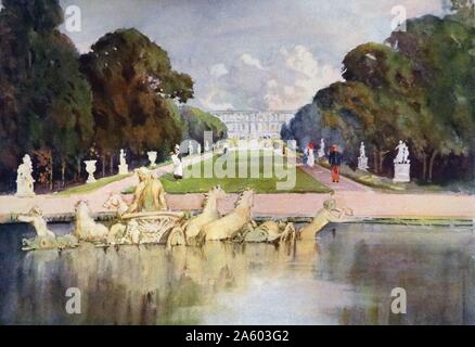 Painting depicting a view of the gardens at the Palace of Versailles, a royal château in Versailles in the Île-de-France region of France. Dated 19th Century Stock Photo