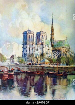 Painting of The Cathedral of Notre-Dame, a historic Catholic cathedral on the eastern half of the Île de la Cité in the fourth arrondissement of Paris, France. Painted by Louis Burleigh Bruhl (1861-1942) Dated 20th Century Stock Photo