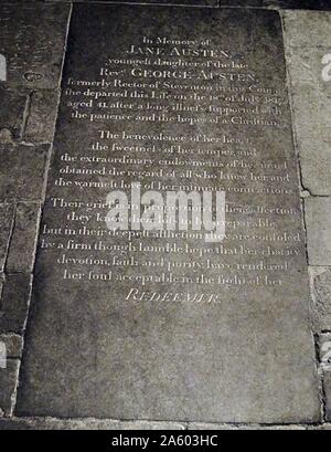 Tombstone of Jane Austen at Winchester Cathedral. Jane Austen (1775-1817) an English novelist. Dated 19th Century Stock Photo