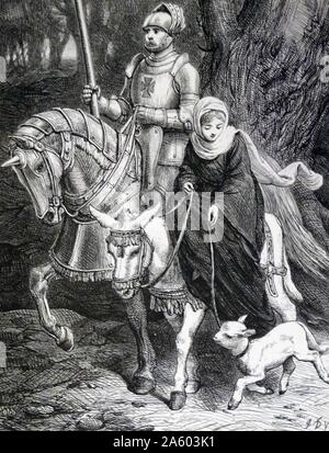 12th century knight on horsback accompanies a lady. 19th century english illustration Stock Photo