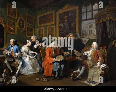 Painting titled 'Marriage à-la-mode: 1. The Marriage Settlement' by William Hogarth (1697-1764) an English painter, printmaker, pictorial satirist, social critic, and editorial cartoonist. Dated 18th Century Stock Photo
