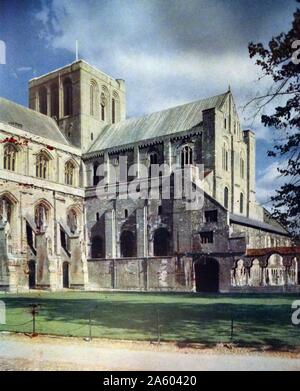 Colour painting depicting the exterior of Winchester Cathedral, a Church of England cathedral in Winchester. Dated 19th Century Stock Photo