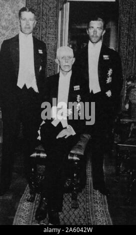 Photograph of King Gustaf V (1858-1950), his son Gustaf VI Adolf of Sweden (1882-1973) and grandson Prince Gustaf Adolf, Duke of Västerbotten (1906-1947). Dated 20th Century