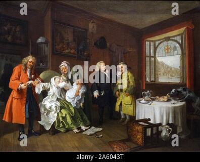 Painting titled 'Marriage à-la-mode: 6. The Lady's Death' by William Hogarth (1697-1764) an English painter, printmaker, pictorial satirist, social critic, and editorial cartoonist. Dated 18th Century Stock Photo