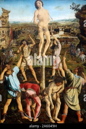 Painting titled 'The Martyrdom of Saint Sebastian' by Antonio del Pollaiolo (1439-1498) an Italian painter, sculptor, engraver and goldsmith during the Italian Renaissance. Dated 15th Century Stock Photo