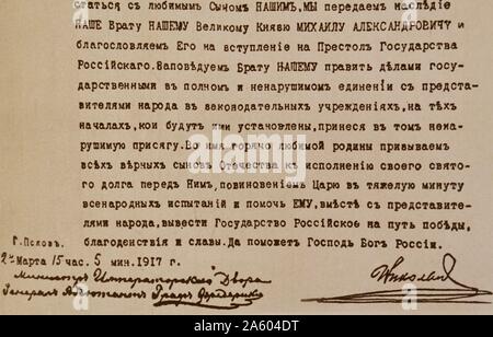 Copy of the end of Czar Nikolai's abdication act. Nicholas II of Russia (1868-1918), the last Emperor of Russia, until his forced abdication. Dated 1917 Stock Photo