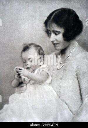 Photograph of Queen Elizabeth The Queen Mother (1900-2002) with Princess Elizabeth (1926-). Dated 20th Century Stock Photo