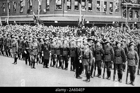Photograph of Prince Albert Frederick Arthur George (1895-1952) inspecting soldiers on Anzac Day in Melbourne. Dated 20th Century