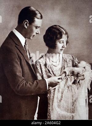 Photograph of Prince Albert Frederick Arthur George (1895-1952) and Lady Elizabeth Bowes-Lyon (1900-2002) with the new born Princess Elizabeth (1926-). Dated 20th Century Stock Photo