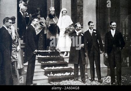Photograph taken during the wedding of Maud of Wales (1869-1938) and King Haakon VII (1872-1957). Also pictured is King George V (1865-1936), Queen Elizabeth The Queen Mother (1900-2002), Alexandra of Denmark (1844-1925) and Queen Mary of Teck (1867-1953). Dated 20th Century