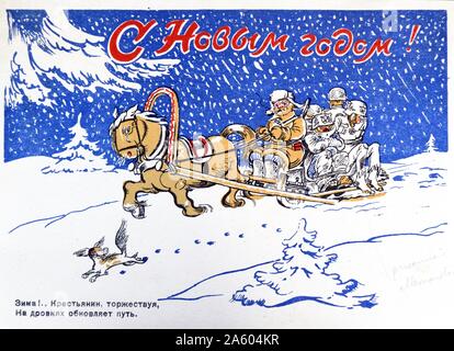 World War Two: Patriotic Russian war postcard depicting a militia civil defence soldier riding a sleigh with captured German soldiers behind him Stock Photo