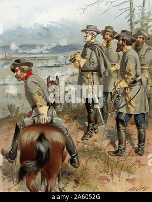 General Robert E. Lee holding binoculars; standing on a ridge with other officers and a man on horseback; monitoring the battle at Fredericksburg; Virginia; December 13; 1862. By Henry Alexander Ogden; 1856-1936 Stock Photo