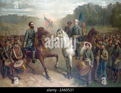 General Robert E. Lee; with troops; on the right and General Stonewall Jackson; with troops; on the left; both on horseback; meeting for the last time prior to Jackson's untimely death. Stock Photo