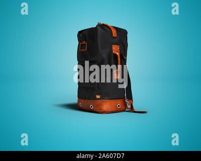 Modern black leather backpack for traveling in the mountains 3d render on blue background with shadow Stock Photo