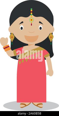 Character from India. Indian girl dressed in the traditional way with sari. Vector Illustration. Kids of the World Collection. Stock Vector