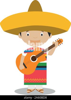 Character from Mexico dressed in the traditional way with guitar. Vector Illustration. Kids of the World Collection. Stock Vector