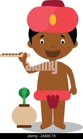 Character from India dressed in the traditional way as a snake charmer. Vector Illustration. Kids of the World Collection. Stock Vector