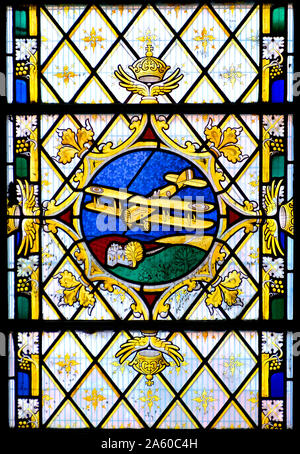 London, England, UK. Stained glass window in St James Roman Catholic Church, George Street/Spanish Place, Marylebone. First World War biplane Stock Photo