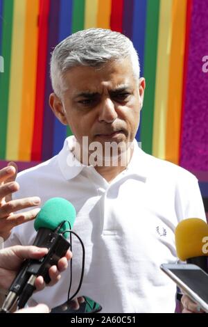 London, UK. 6th July, 2019. Mayor of London, Sadiq Khan interviewed by Media during the parade.The 50th Pride Parade toke place through Central London with over one million participants. Credit: Pietro Recchia/SOPA Images/ZUMA Wire/Alamy Live News Stock Photo