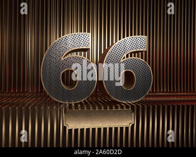 number 66 (number sixty-six), perforated with small holes on the background of metal pieces with the tablet for personalized inscriptions. 3D illustra Stock Photo