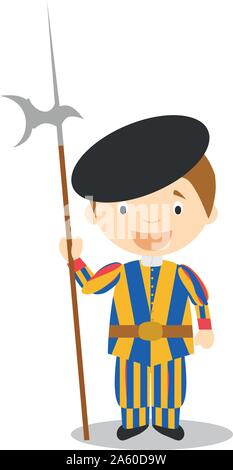 Swiss Guard character from Vatican City dressed in the traditional way Vector Illustration. Kids of the World Collection. Stock Vector