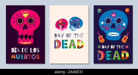 Mexican Day of the Dead Dia de Los Muertos banners. National festival greeting cards with skeleton hand drawn lettering flowers skulls on dark and light background. Vector illustration poster set Stock Vector