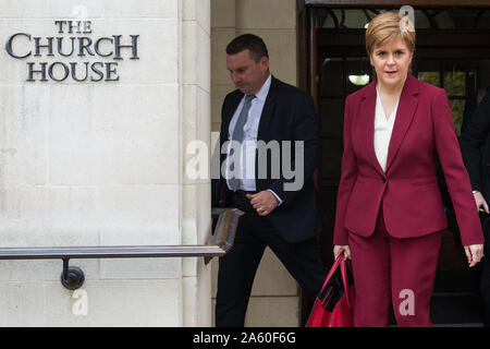 London, UK. 23 October, 2019. Nicola Sturgeon, First Minister of Scotland, leaves Church House in Westminster after addressing a press conference with Welsh First Minister Mark Drakeford on the morning after Parliament rejected Prime Minister Boris Johnson’s fast-track timetable for ratifying the Brexit bill. She welcomed a pre-Christmas general election and made clear that the Prime Minister’s ‘bad’ Brexit bill would be opposed by the devolved administrations in both Edinburgh and Cardiff. Credit: Mark Kerrison/Alamy Live News Stock Photo