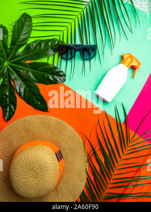 Traveler accessories as sungrassed, hat, sunscreen, tropical palm branches leaves on trendy colorful background . Travel, summer, vacation concept. Fl Stock Photo