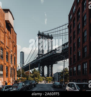 NEW YORK, AUGUST 18 2019: view of the Williamsburg Bridge from Dumbo Stock Photo