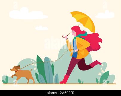 girl and dog walking in the autumn park Stock Vector