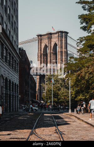 NEW YORK, AUGUST 18 2019: view of the Brooklyn  Bridge from Dumbo Stock Photo