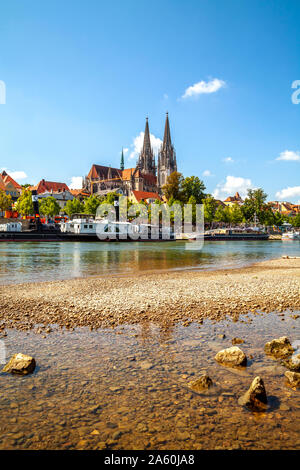 View of Danube River with St. Peter's Church in Regensburg, Germany Stock Photo