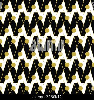 seamless vector pattern with black zig zag and golden lines and circles Stock Vector