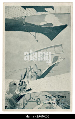 German historical postcard: Air battle at the dawn of aviation: pistol duel pilots of two airplanes, Enemy aircraft on fire, world war one 1914-1918. Stock Photo