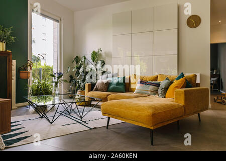 Indoor shot of hygge or scandi style couch in living room, Cologne, Germany Stock Photo